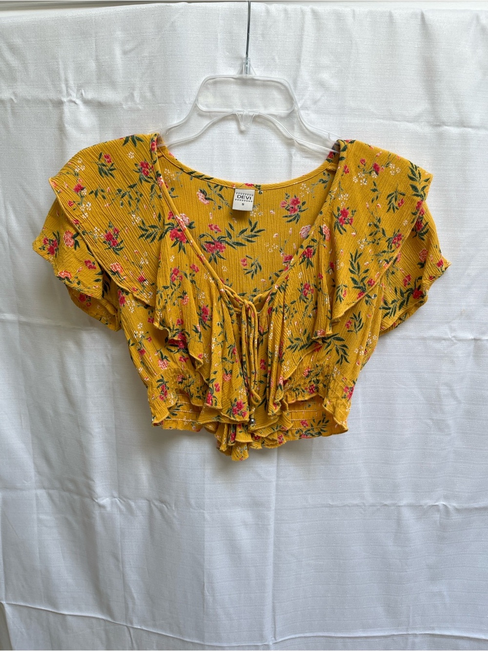 Yellow Flowered Ruffled Lace-Up Crop Top - Picture 6 of 6